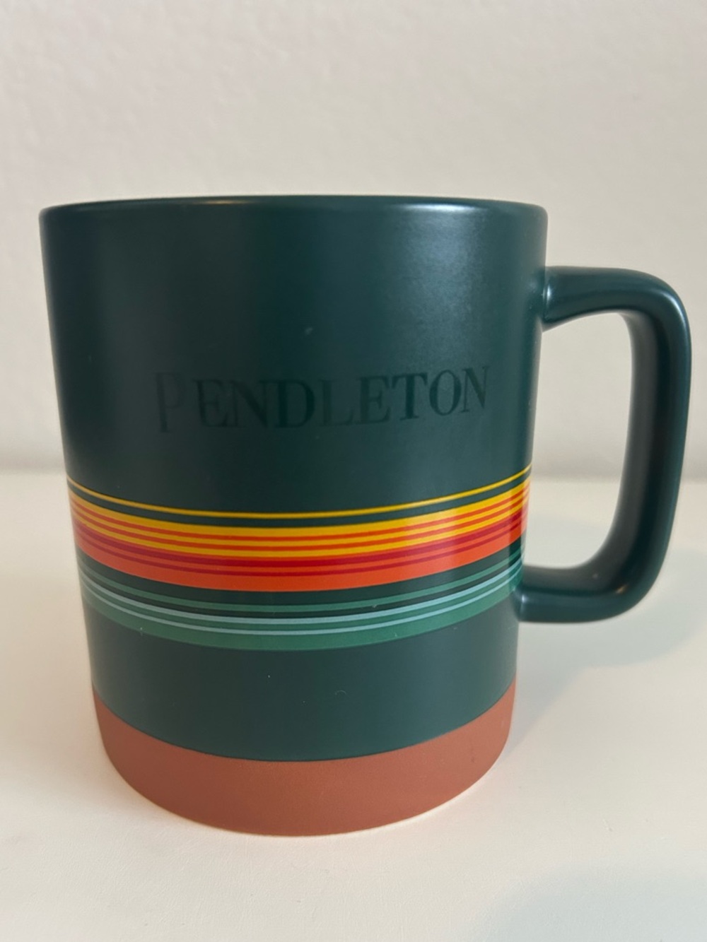 Pendleton Woolen Mills Forest Green Classic Stripe Stoneware Coffee Cup 18 Oz